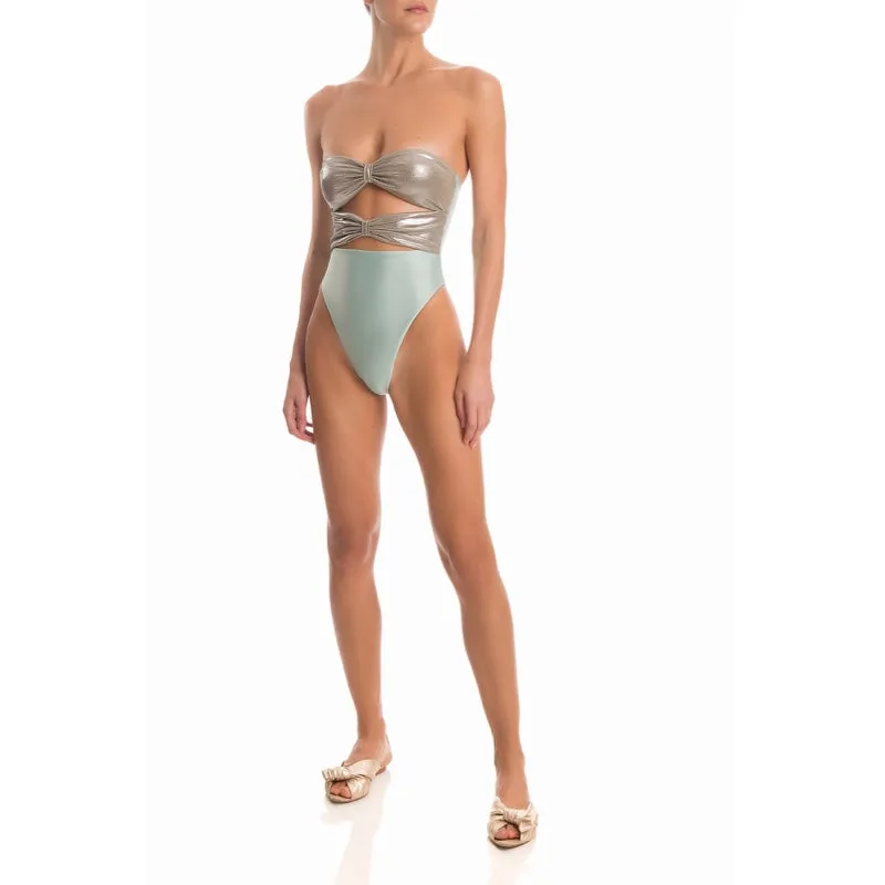 Metallic Strapless High Leg Swimsuit