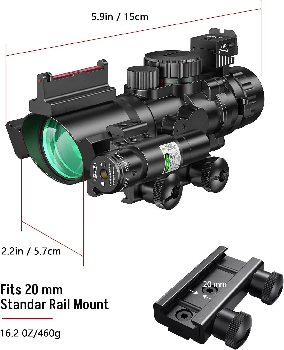 MidTen 4x32 Prism Tactical Rifle Scope with Laser