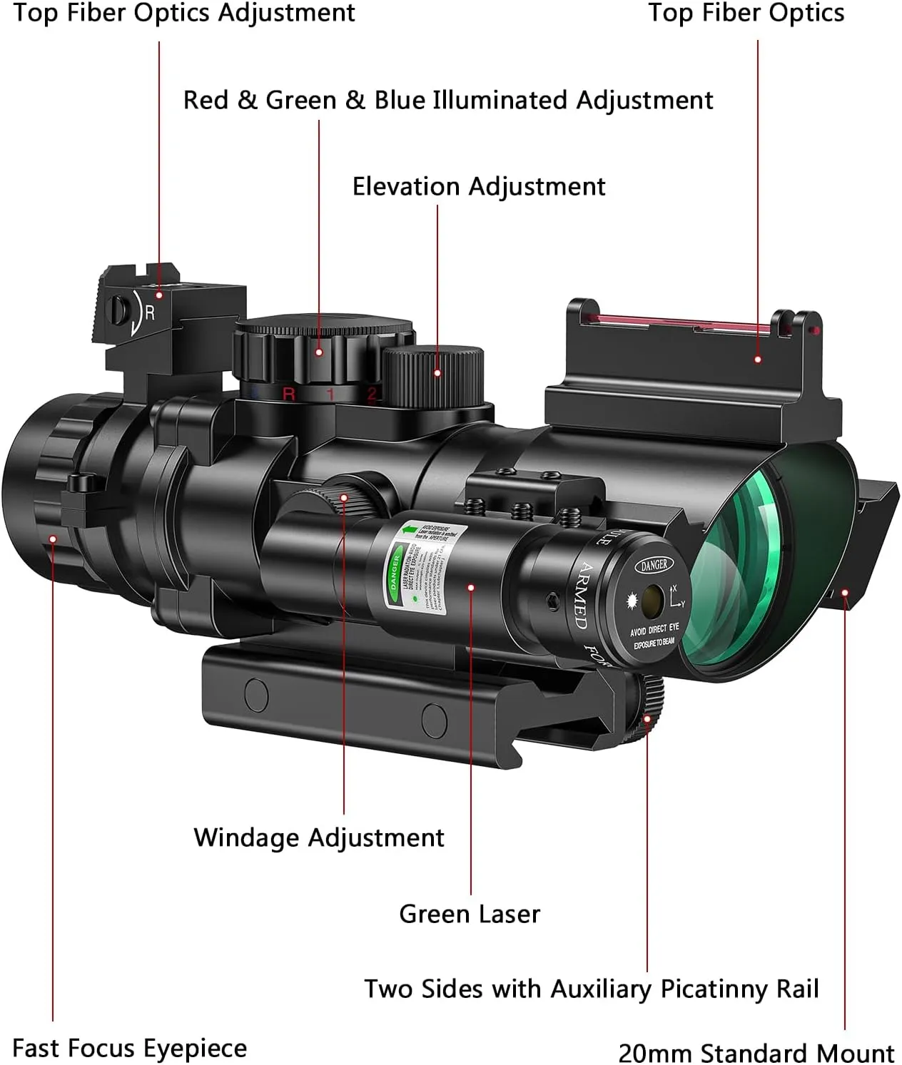 MidTen 4x32 Prism Tactical Rifle Scope with Laser