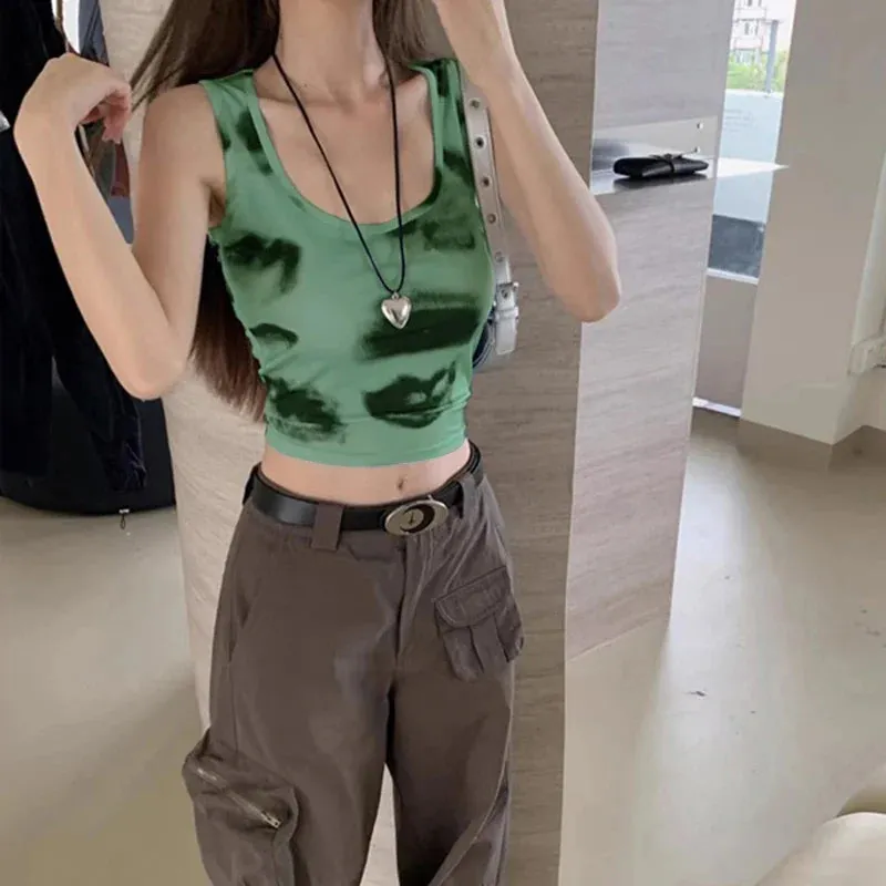 New Sexy Sleeveless Print Green Tank Bodycon Casual Streetwear Crop Summer Top