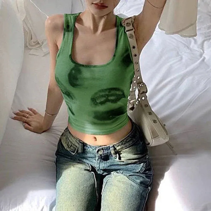 New Sexy Sleeveless Print Green Tank Bodycon Casual Streetwear Crop Summer Top