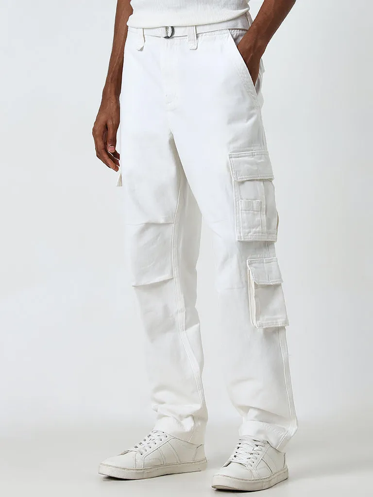 Nuon White Cargo-Style Relaxed-Fit Mid-Rise Cotton Chinos