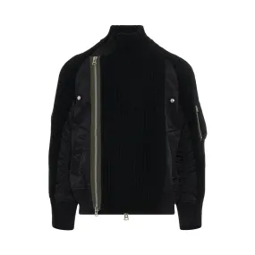 Nylon Twill Mix Knit Bomber Jacket in Black