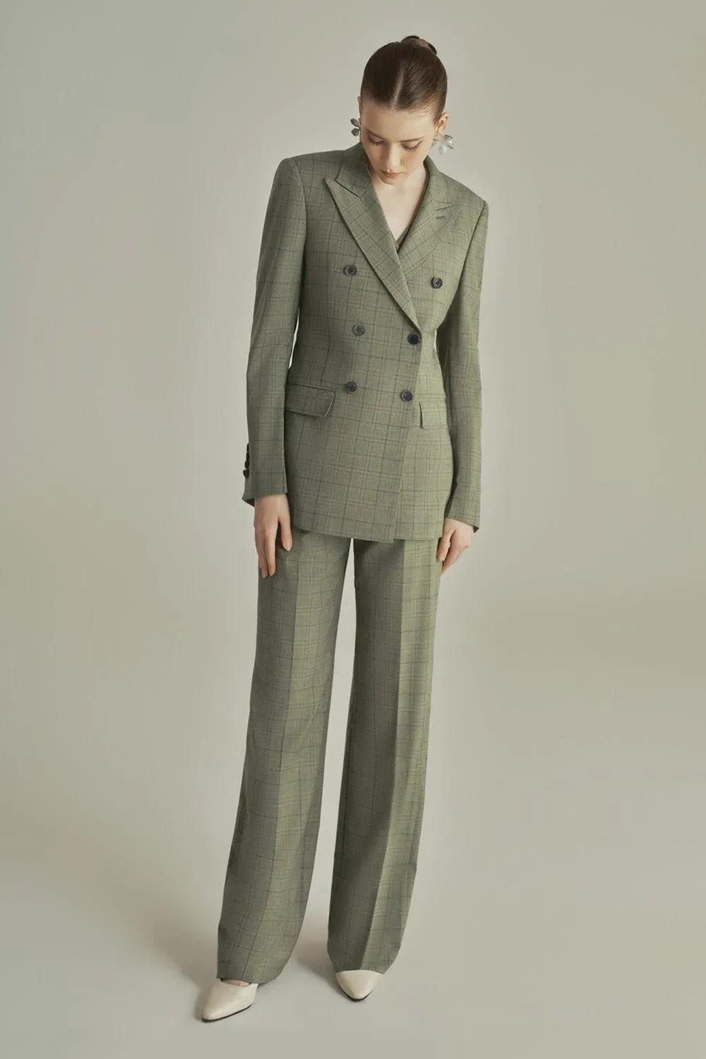 Olive Straight Front Zipper Poly Wool Floor Length Pants