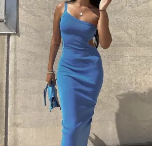 One Shoulder Strappy Cut Out Maxi in Blue