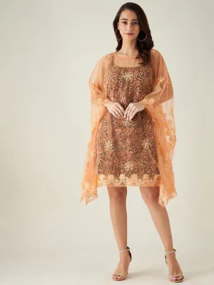 Orange Tulle Hand Embroidered Chikankari Kaftan Dress