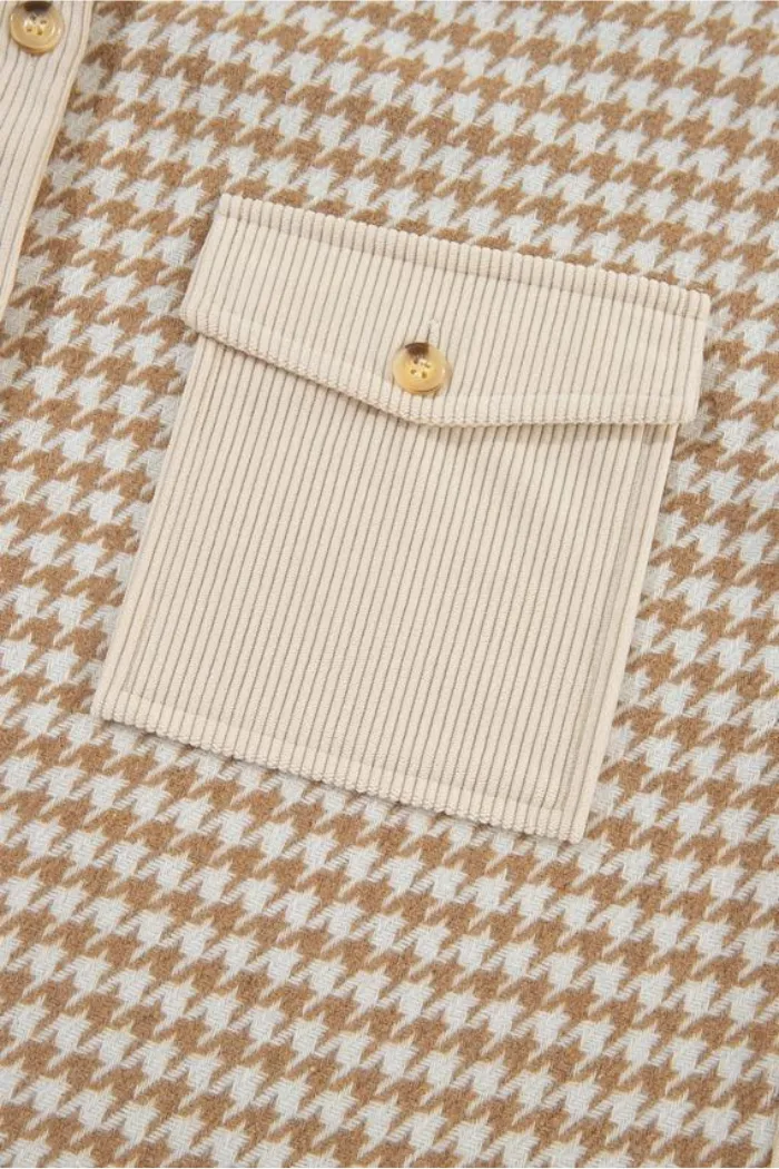 Parchment Houndstooth Corduroy Patchwork Flap Pocket Shacket