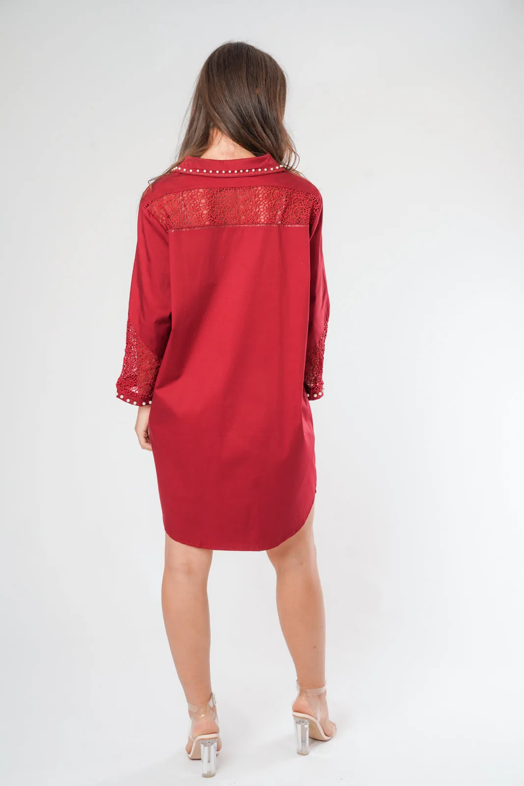 Pearl Rhinestone Trim Lace Insert Shirt Dress