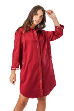 Pearl Rhinestone Trim Lace Insert Shirt Dress