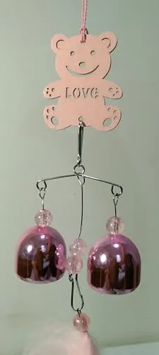 Pink Teddy Bear Wind Chime with Metallic Bells, 30 cm