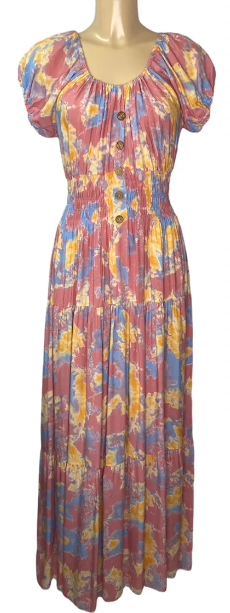 Purple Multi Tie- Dye Print Bardot Maxi Dress With Faux Buttons