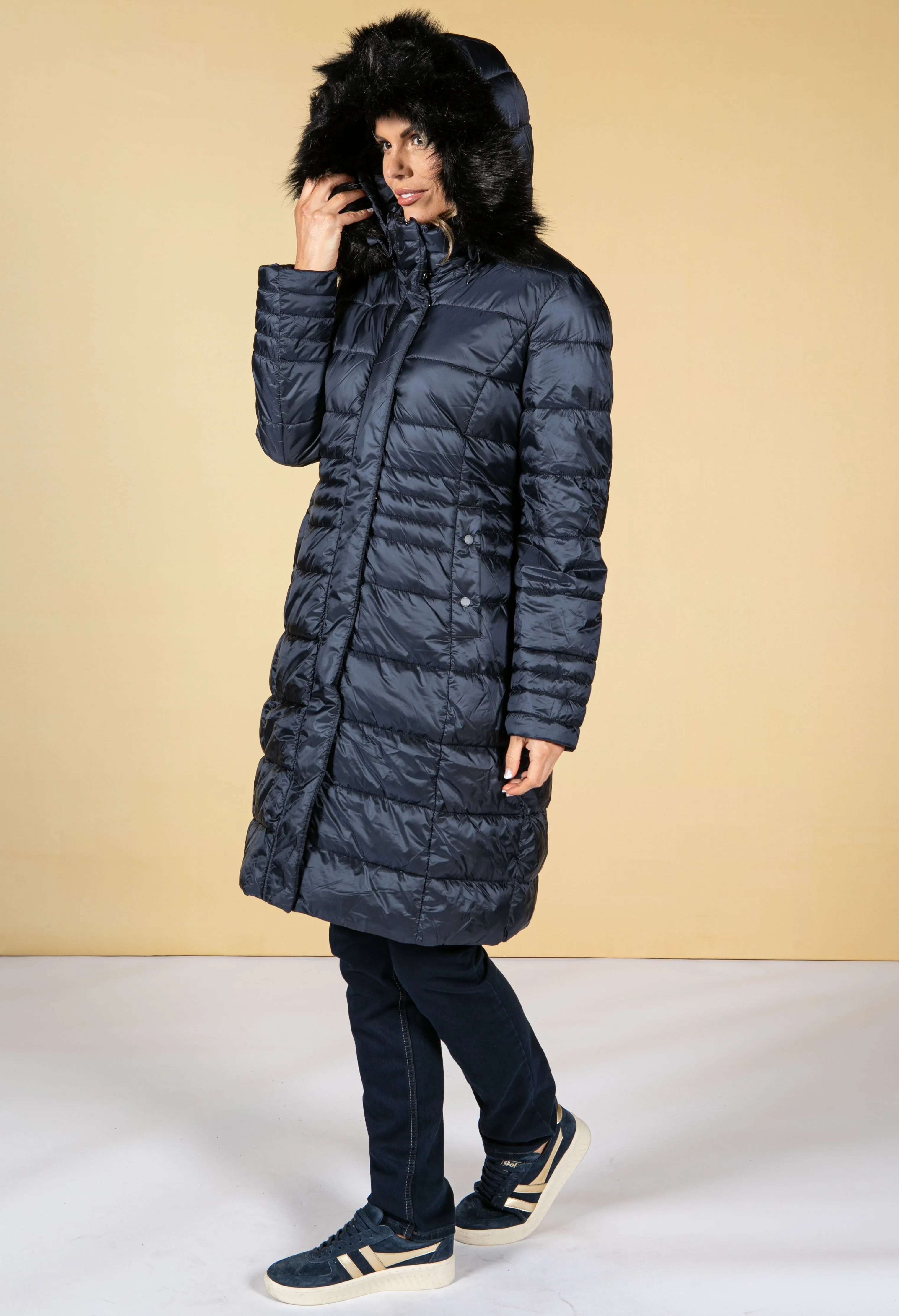 Quilted coat with a hood in Midnight Blue