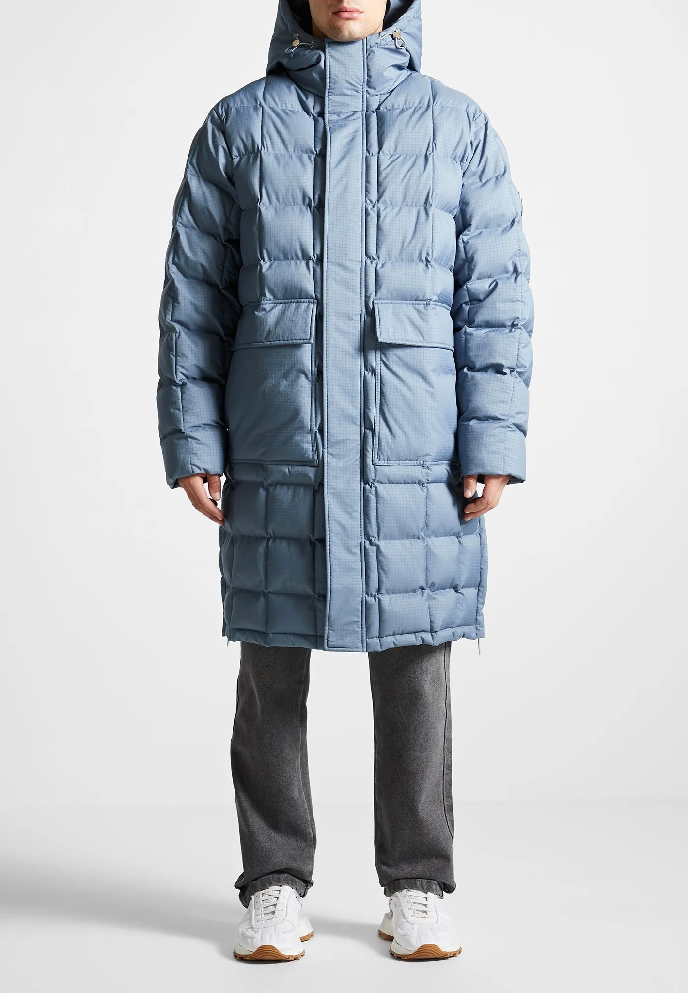 Quilted Longline Puffer Coat - Steel Blue