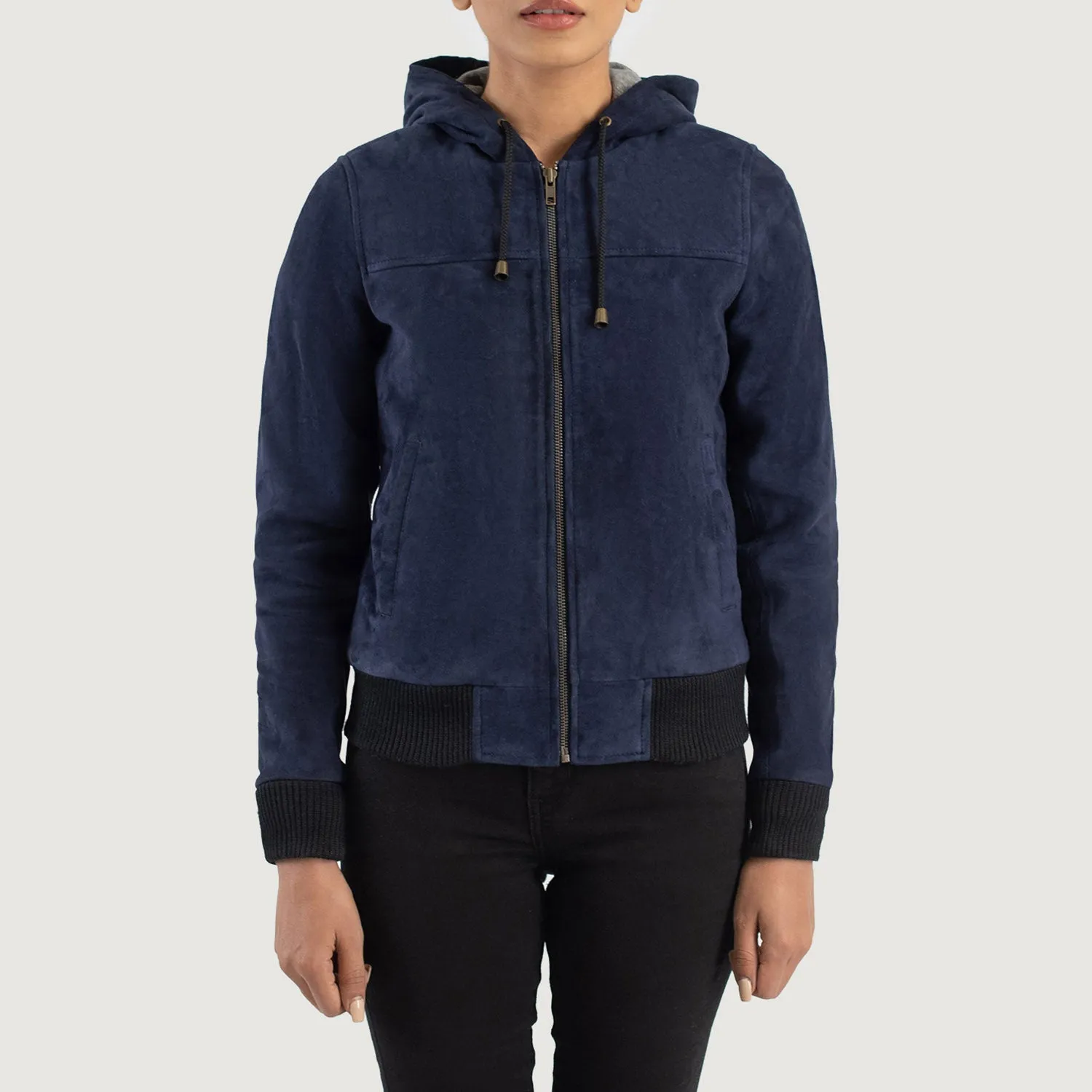 Rebella Blue Hooded Suede Bomber Jacket