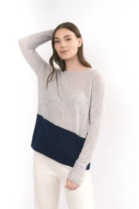 Robertson Madison 100% Cashmere Relaxed Color Block Sweater CC-258 | Light Grey/Navy