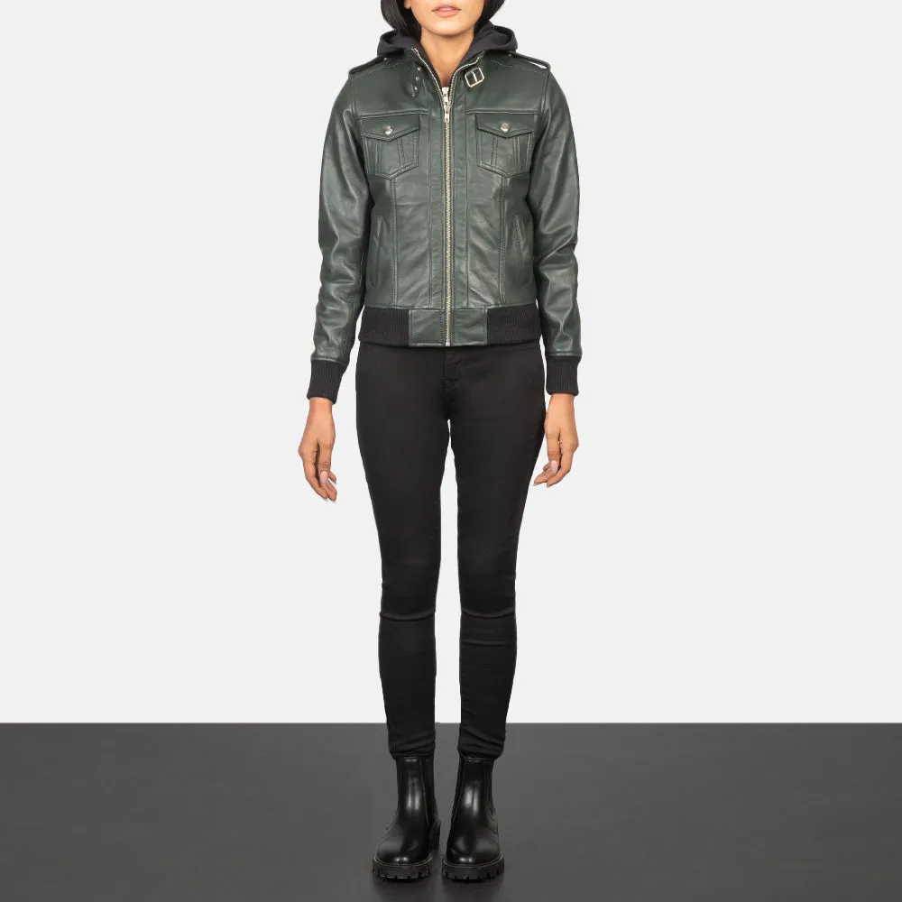 Roslyn Green Hooded Leather Bomber Jacket