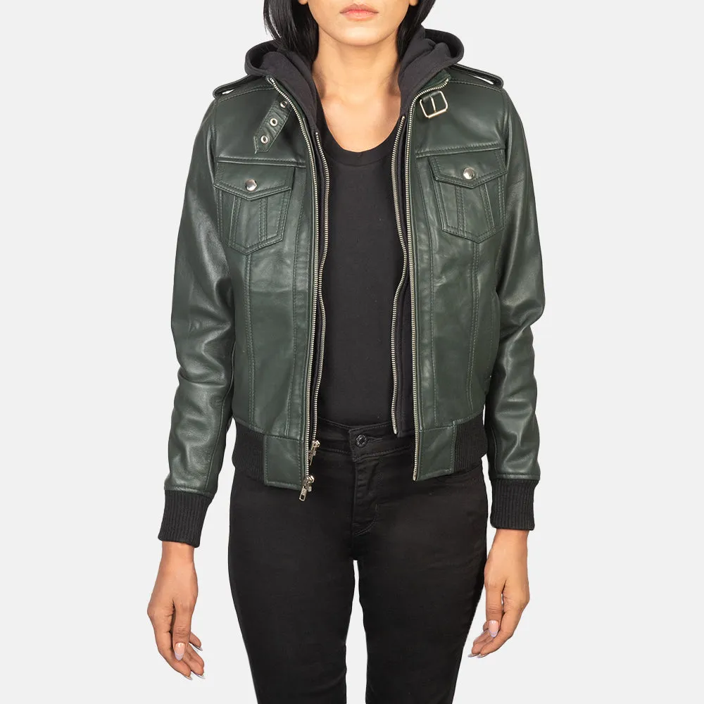 Roslyn Green Hooded Leather Bomber Jacket