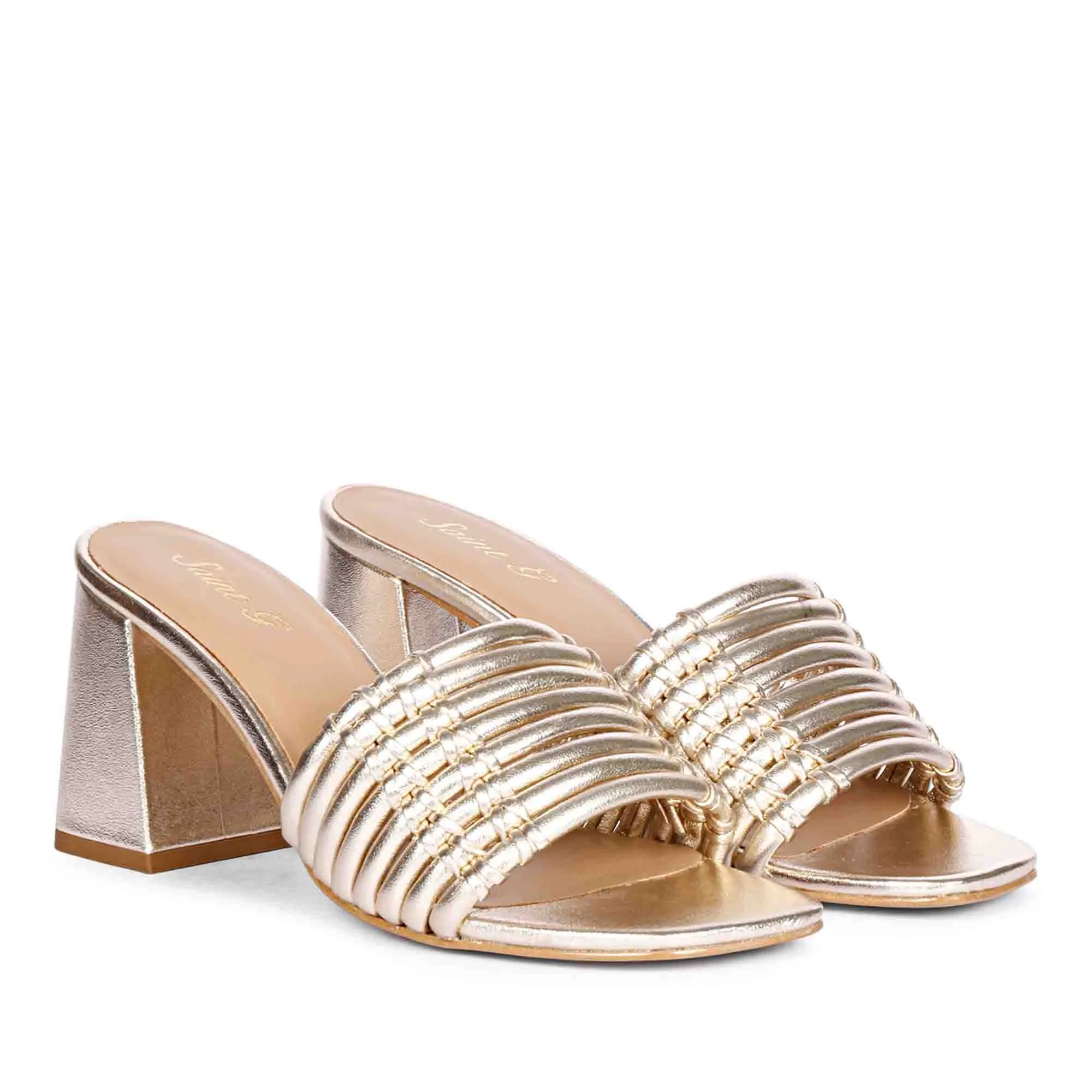 Saint Bethany Strappy Platin Metallic Leather Block Heels