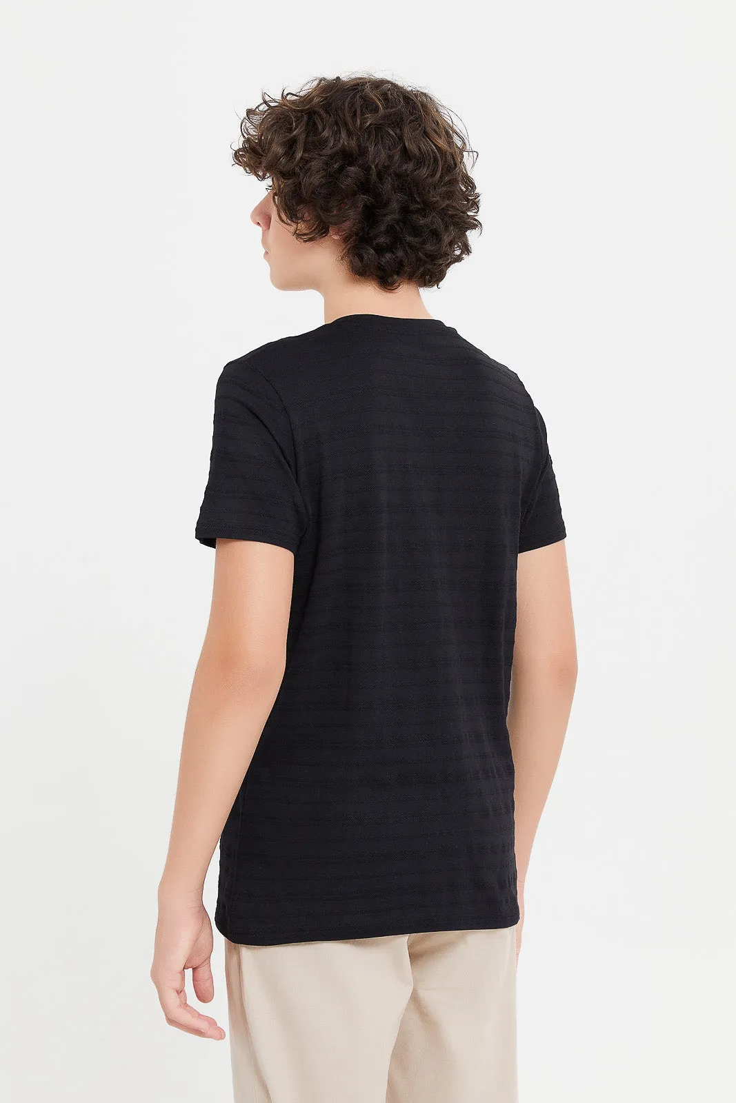 Senior Boys Black Jacquard Henley T-Shirt