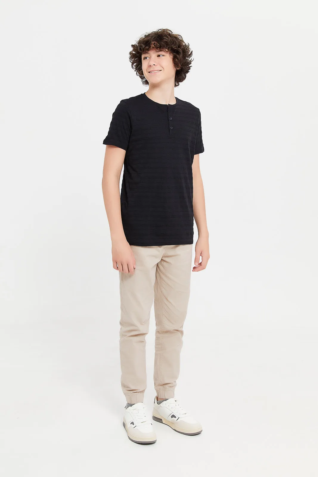 Senior Boys Black Jacquard Henley T-Shirt