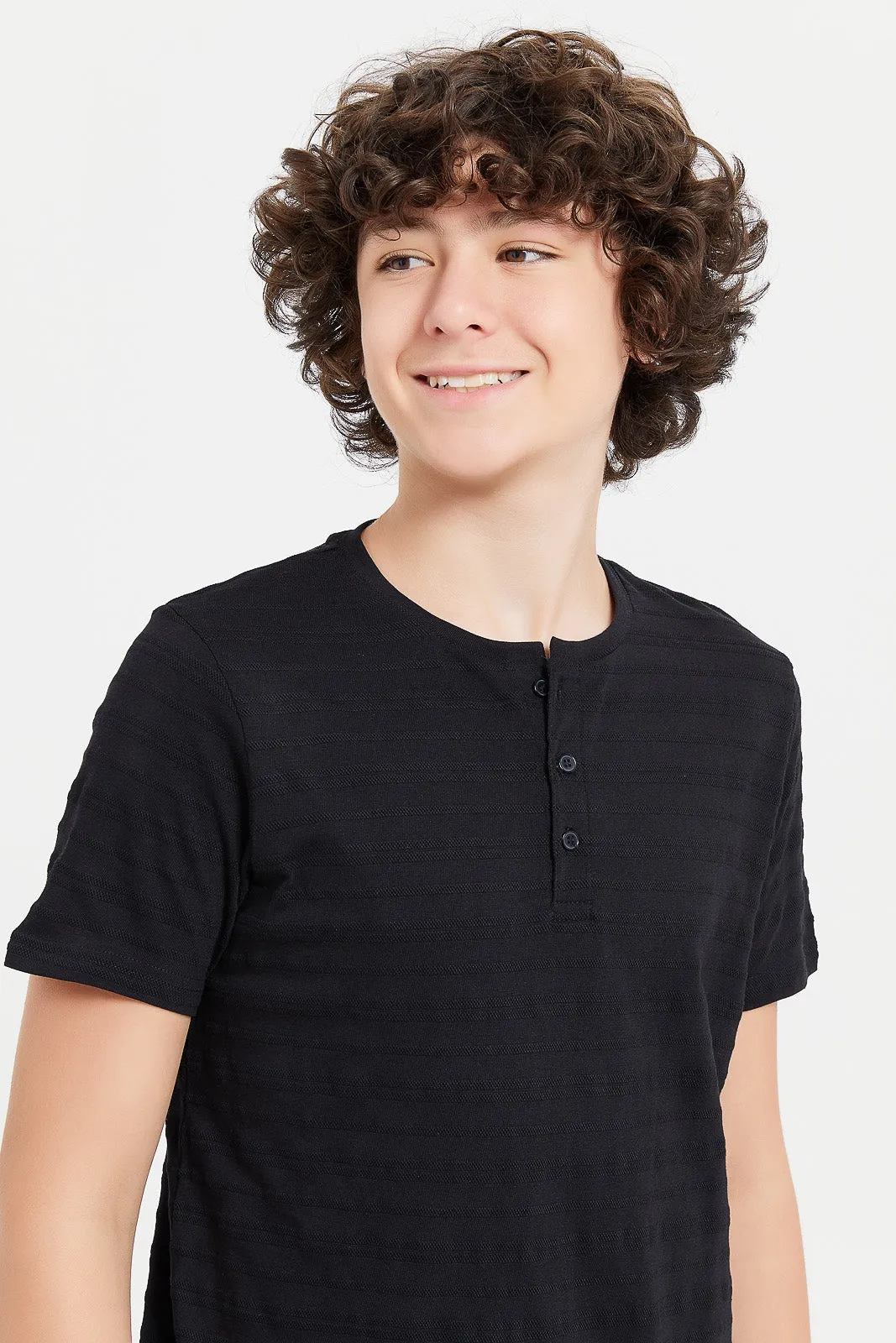 Senior Boys Black Jacquard Henley T-Shirt