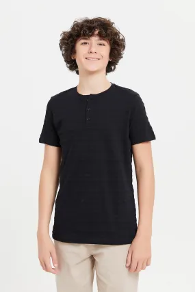 Senior Boys Black Jacquard Henley T-Shirt