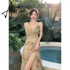 Sexy Backless Slit Straps Prom Long Dresses for Women's Party Evening Print Bodycon Slip Maxi Dress Summer Woman Elegant Robes