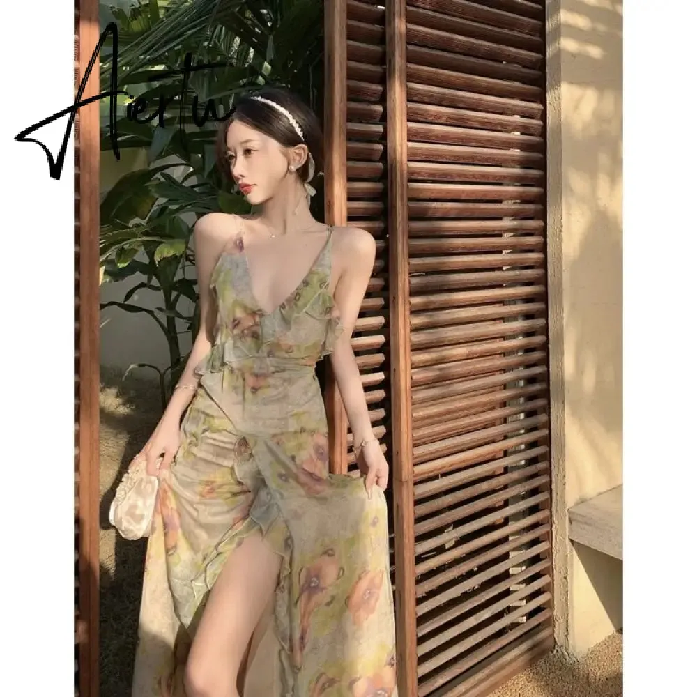 Sexy Backless Slit Straps Prom Long Dresses for Women's Party Evening Print Bodycon Slip Maxi Dress Summer Woman Elegant Robes