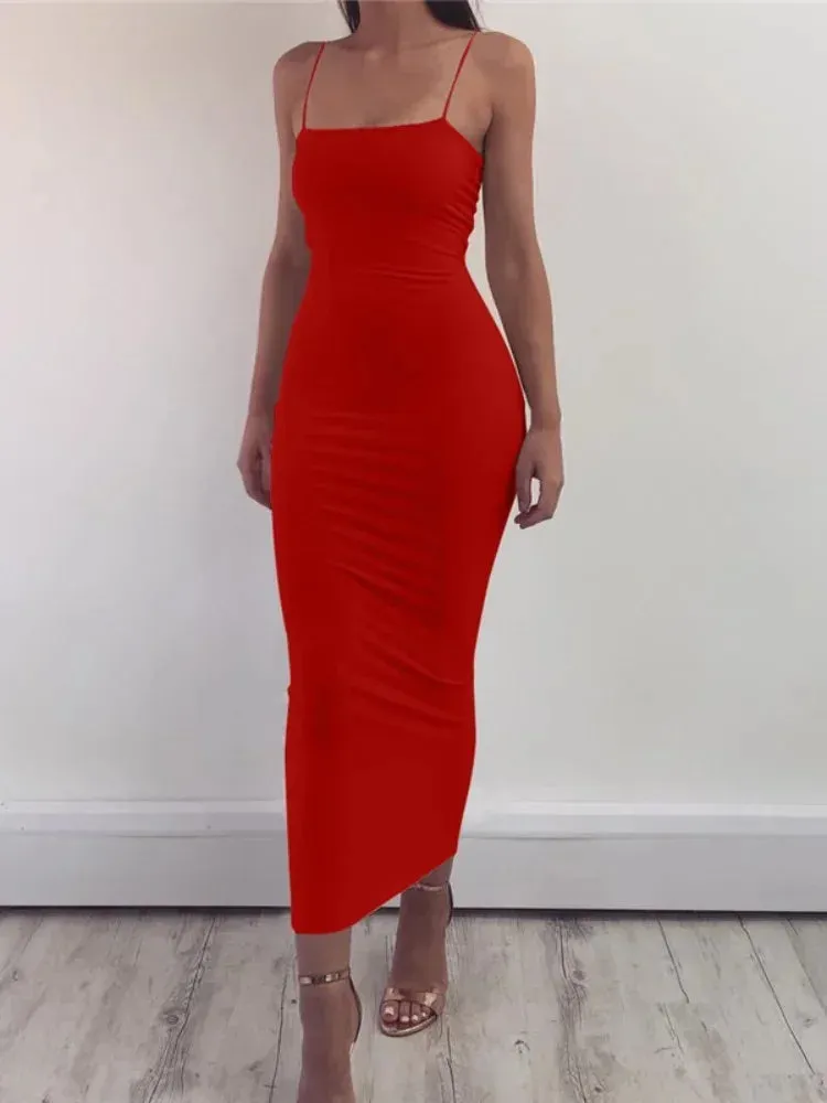 Sexy Elegant Wrap Body High Waist Maxi Bodycon Dress Women Spaghetti Strap Solid Color Sleeveless Dress Club Party Vestidos