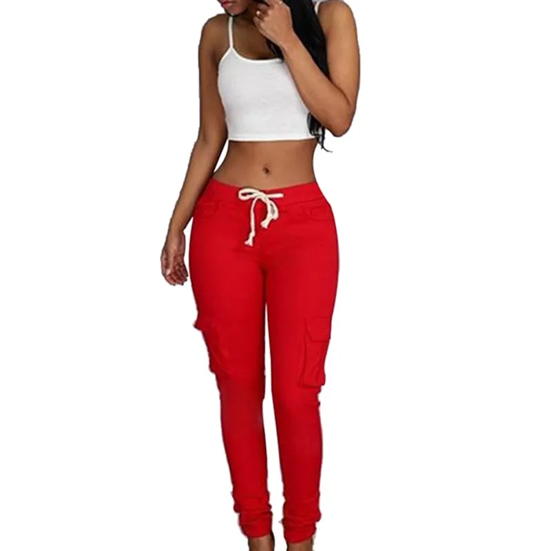 Spring Lace Up Waist Casual Women Pants Solid Pencil Pants Multi-Pockets Plus Size Straight Slim Fit Trousers