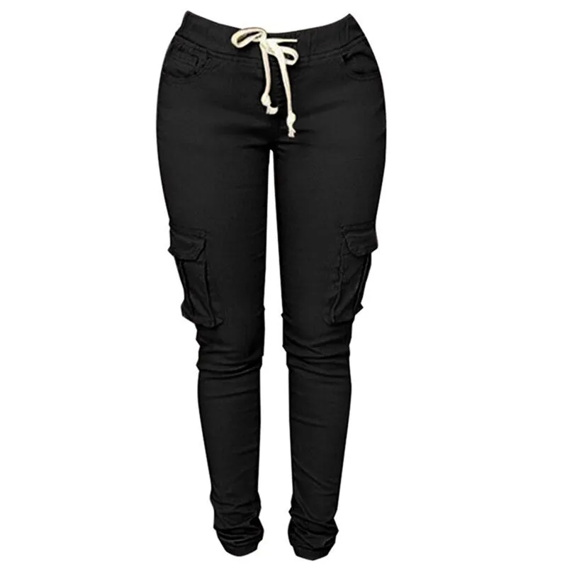 Spring Lace Up Waist Casual Women Pants Solid Pencil Pants Multi-Pockets Plus Size Straight Slim Fit Trousers