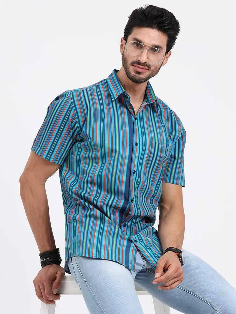 Stripe Multi Navy Turquoise Printed Half Sleeve Shirt