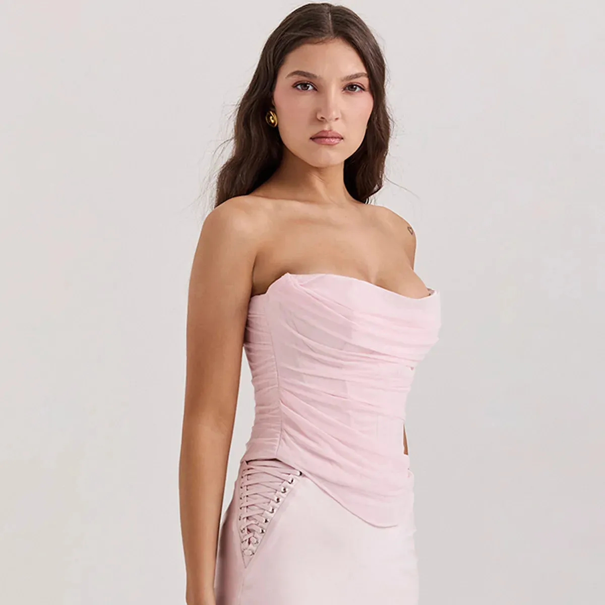 Suninheart Summer strapless Bodycon Cropped Tops Elegant Pink Mesh Corset Top Sexy casual Holiday Party Women's Clothing