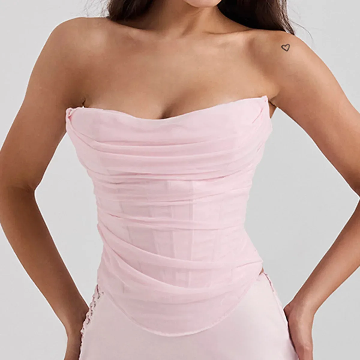 Suninheart Summer strapless Bodycon Cropped Tops Elegant Pink Mesh Corset Top Sexy casual Holiday Party Women's Clothing