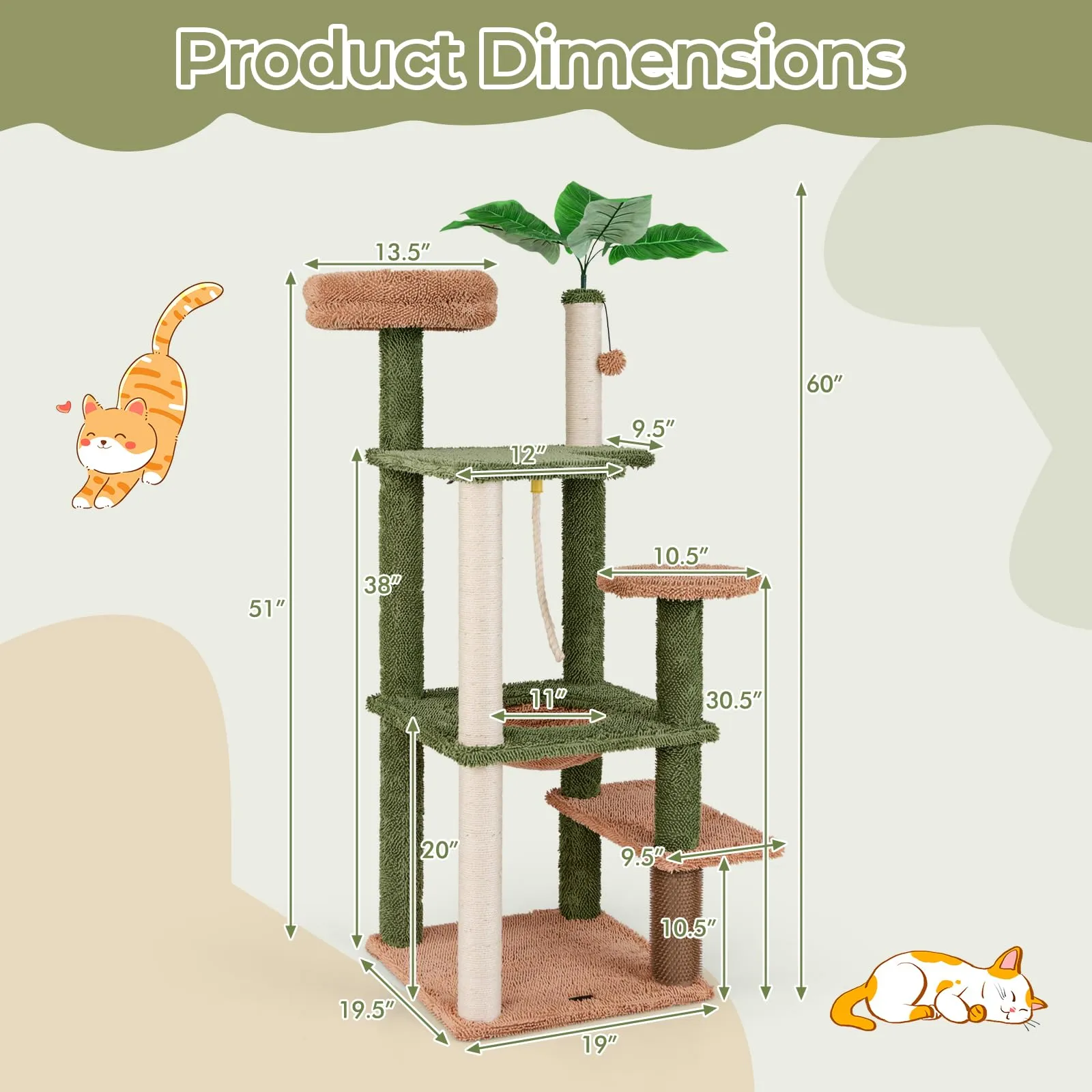 Tangkula Plant Cat Tree, 60 Inch Green Aesthetic Cat Tower with Sisal Scratching Posts