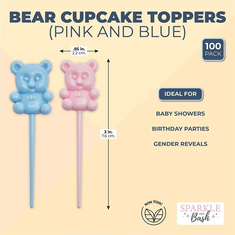 Teddy Bear Cupcake Toppers, Mini Gender Reveal Decorations (Pink, Blue, 100 Pack)