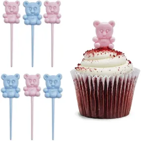 Teddy Bear Cupcake Toppers, Mini Gender Reveal Decorations (Pink, Blue, 100 Pack)