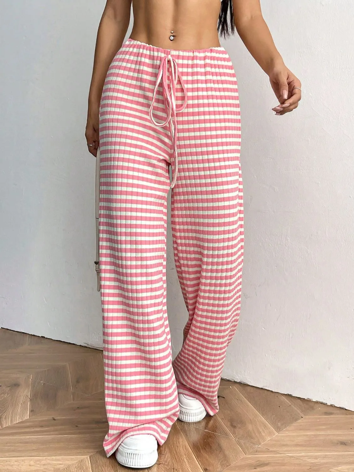 Tied Striped Wide Leg Pants