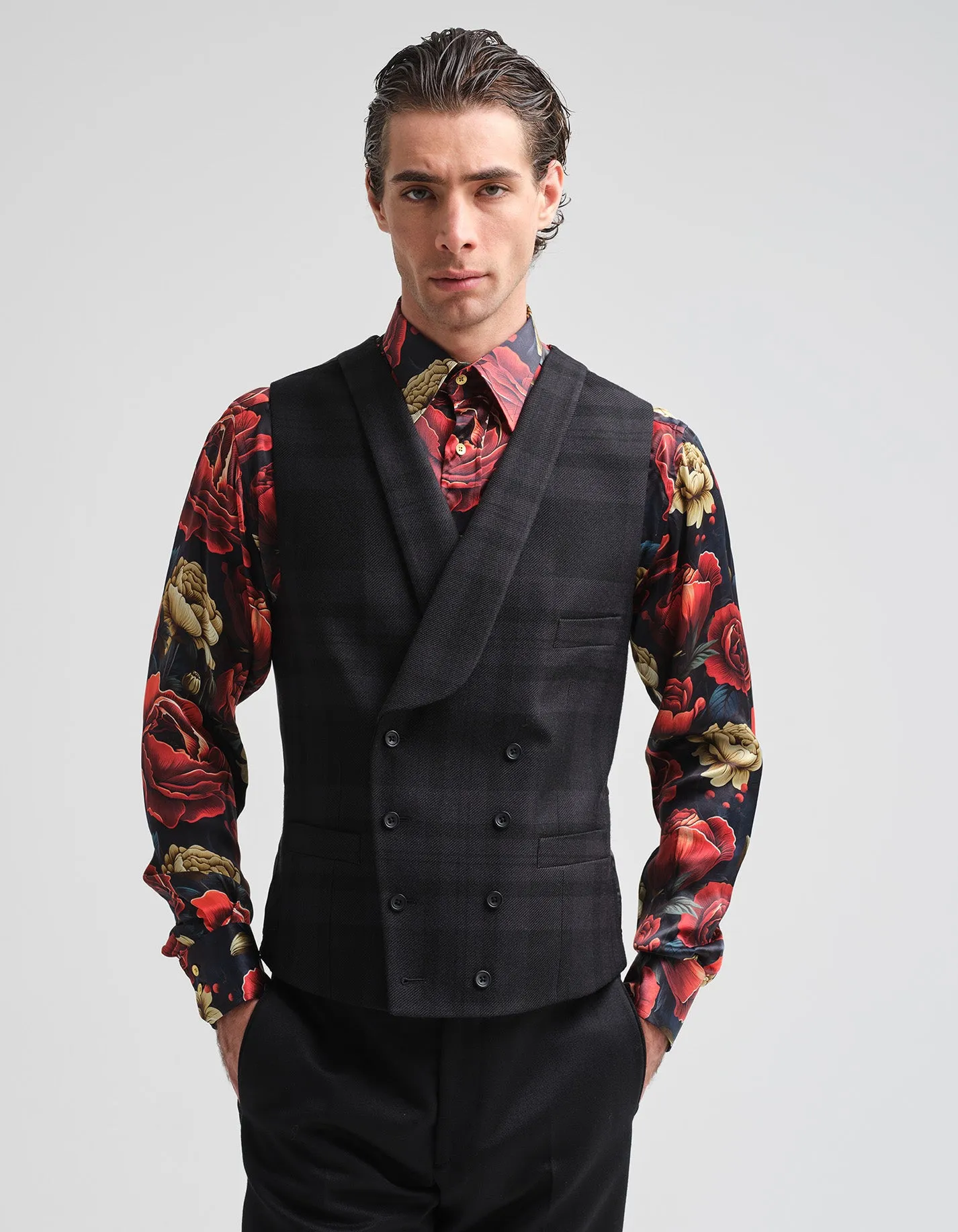 Tonal Black Tartan Waistcoat GOLD COLLECTION