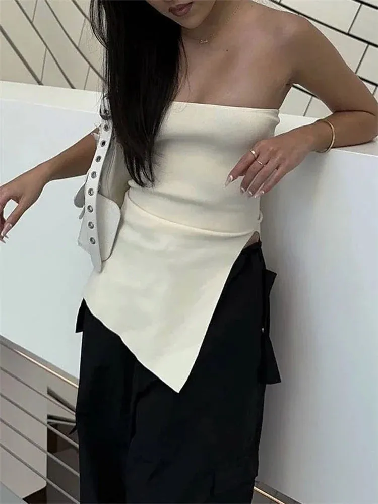 Tube Strapless Split Slim Out Bodycon White Bustier Backless Crop Knit Summer Mini Top