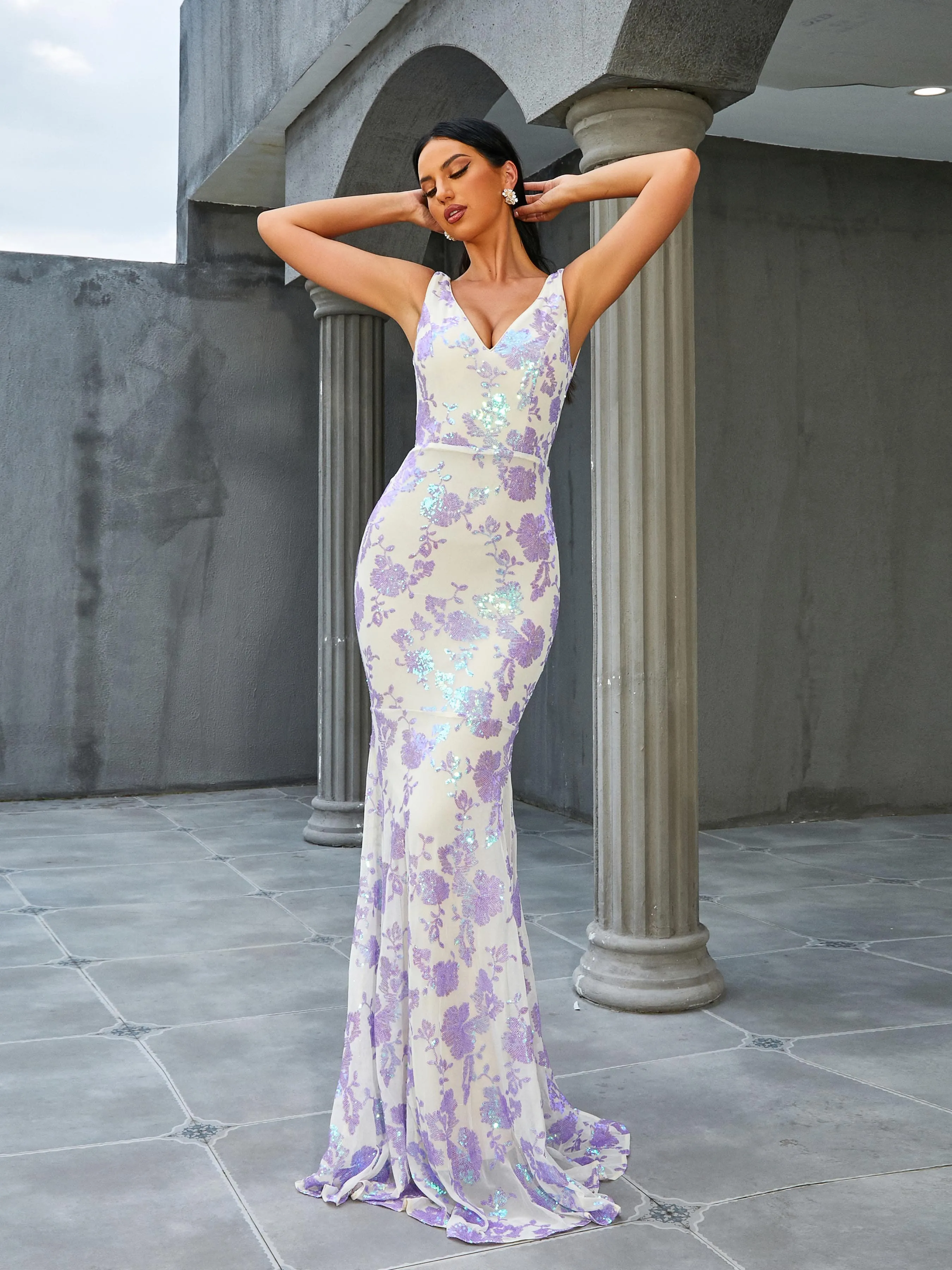 V-Neck Backless Mermaid Sleeveless Sequin Evening Dress RJ10270