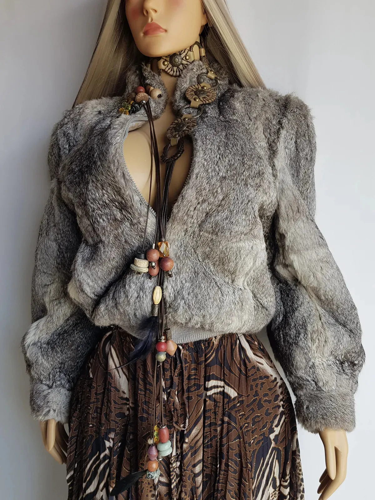 Vintage 100% Rabbit Fur Jacket in Beautiful Soft Grey Tones - Zip front bomber shape with knit features & zip front