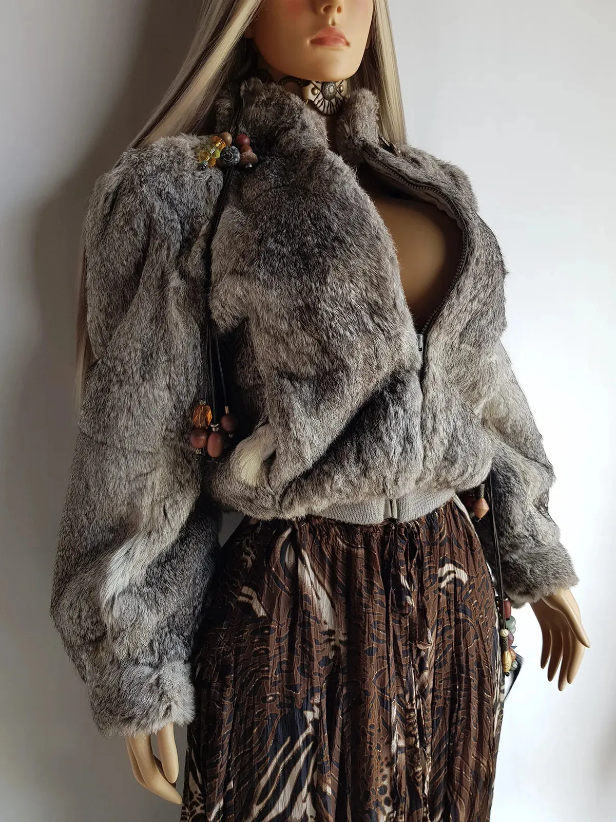 Vintage 100% Rabbit Fur Jacket in Beautiful Soft Grey Tones - Zip front bomber shape with knit features & zip front