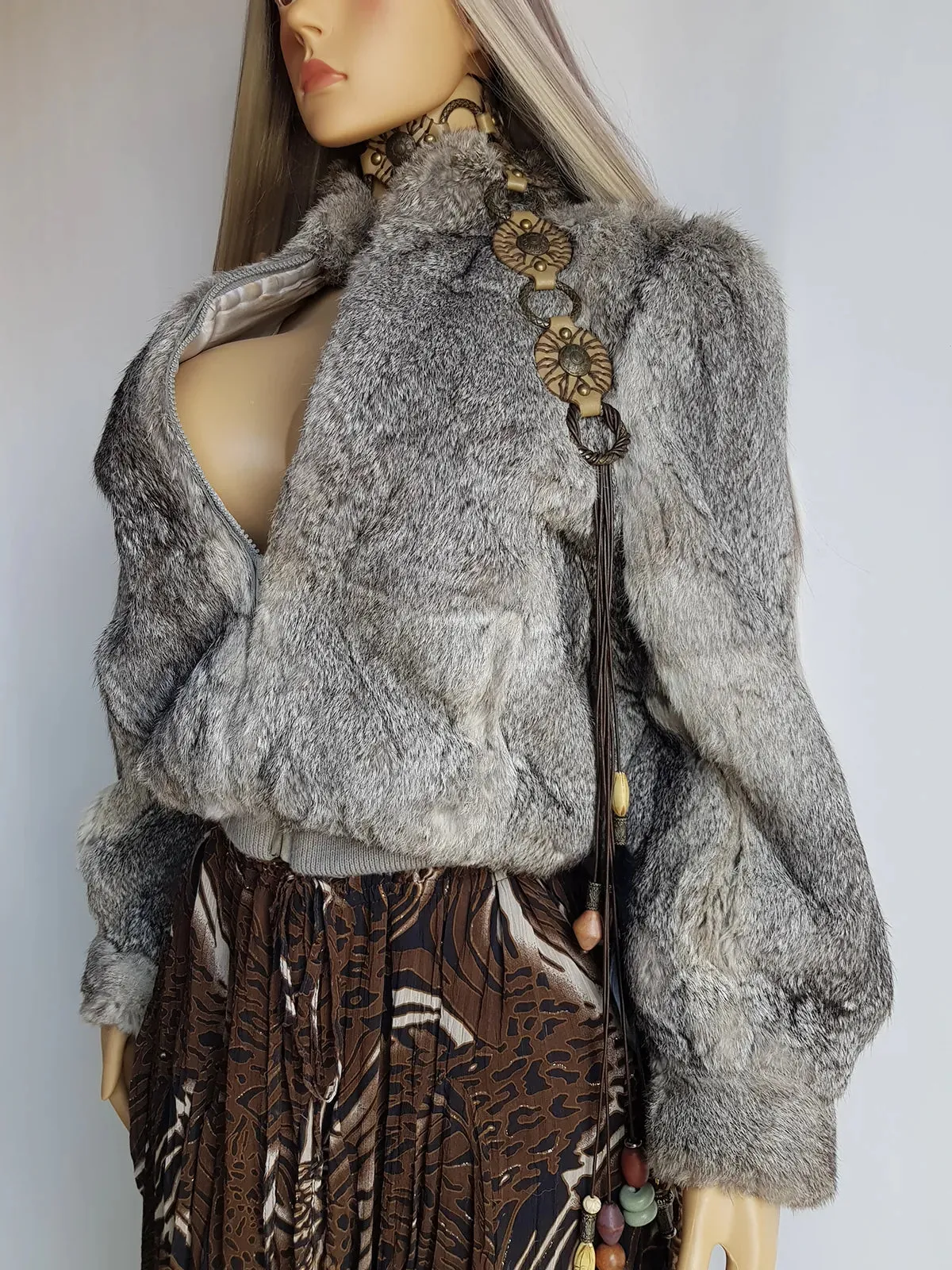 Vintage 100% Rabbit Fur Jacket in Beautiful Soft Grey Tones - Zip front bomber shape with knit features & zip front