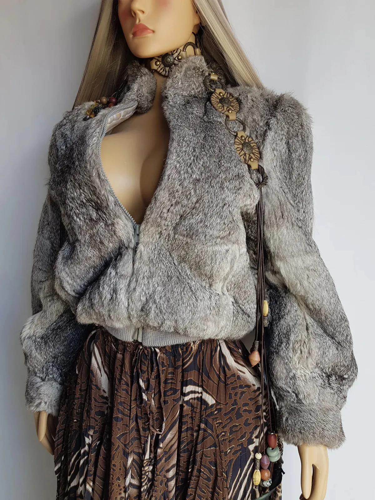 Vintage 100% Rabbit Fur Jacket in Beautiful Soft Grey Tones - Zip front bomber shape with knit features & zip front