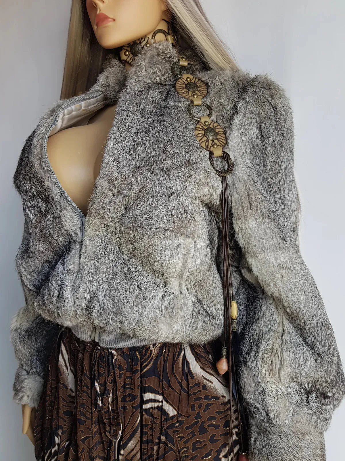 Vintage 100% Rabbit Fur Jacket in Beautiful Soft Grey Tones - Zip front bomber shape with knit features & zip front