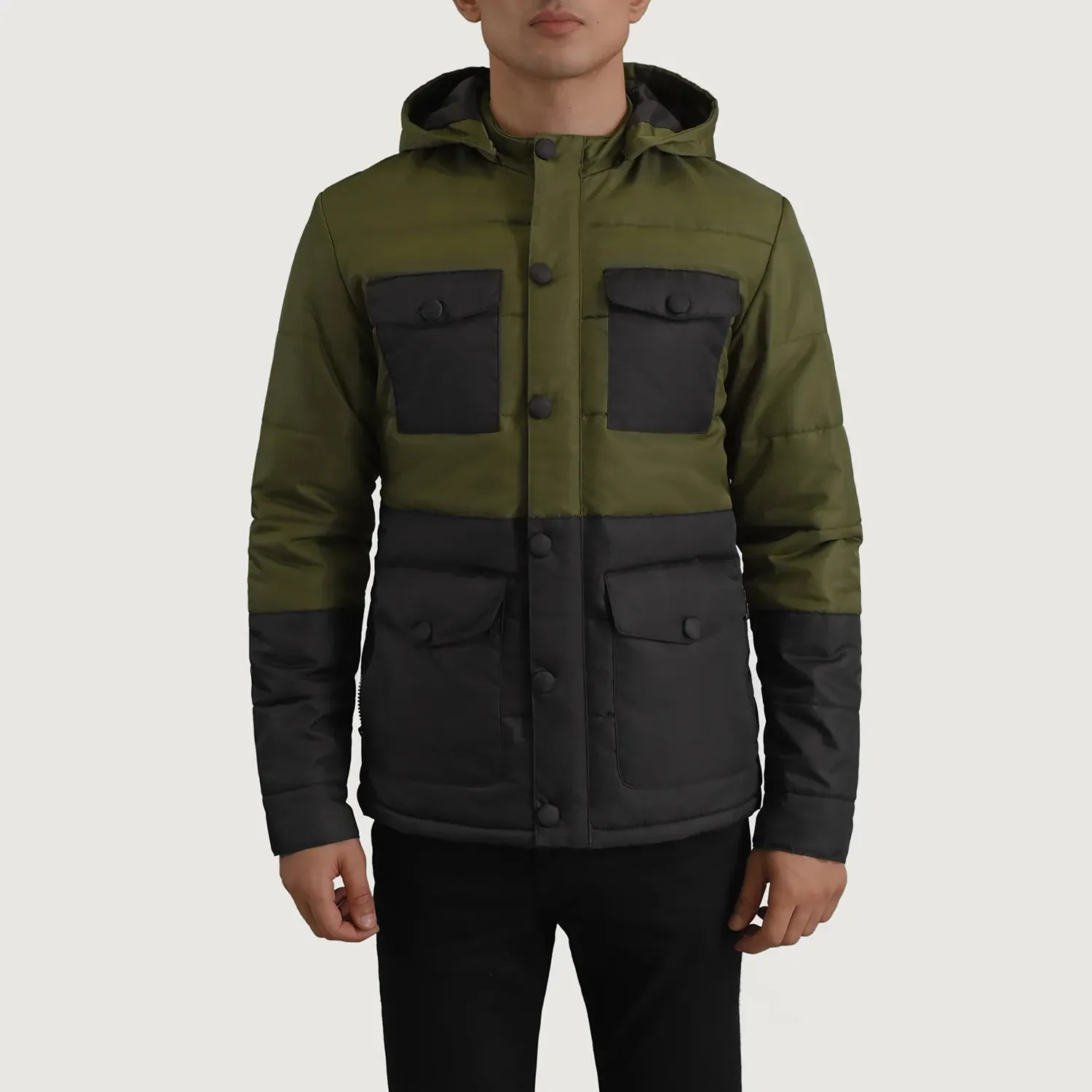 Wayne Black & Green Hooded Puffer Jacket