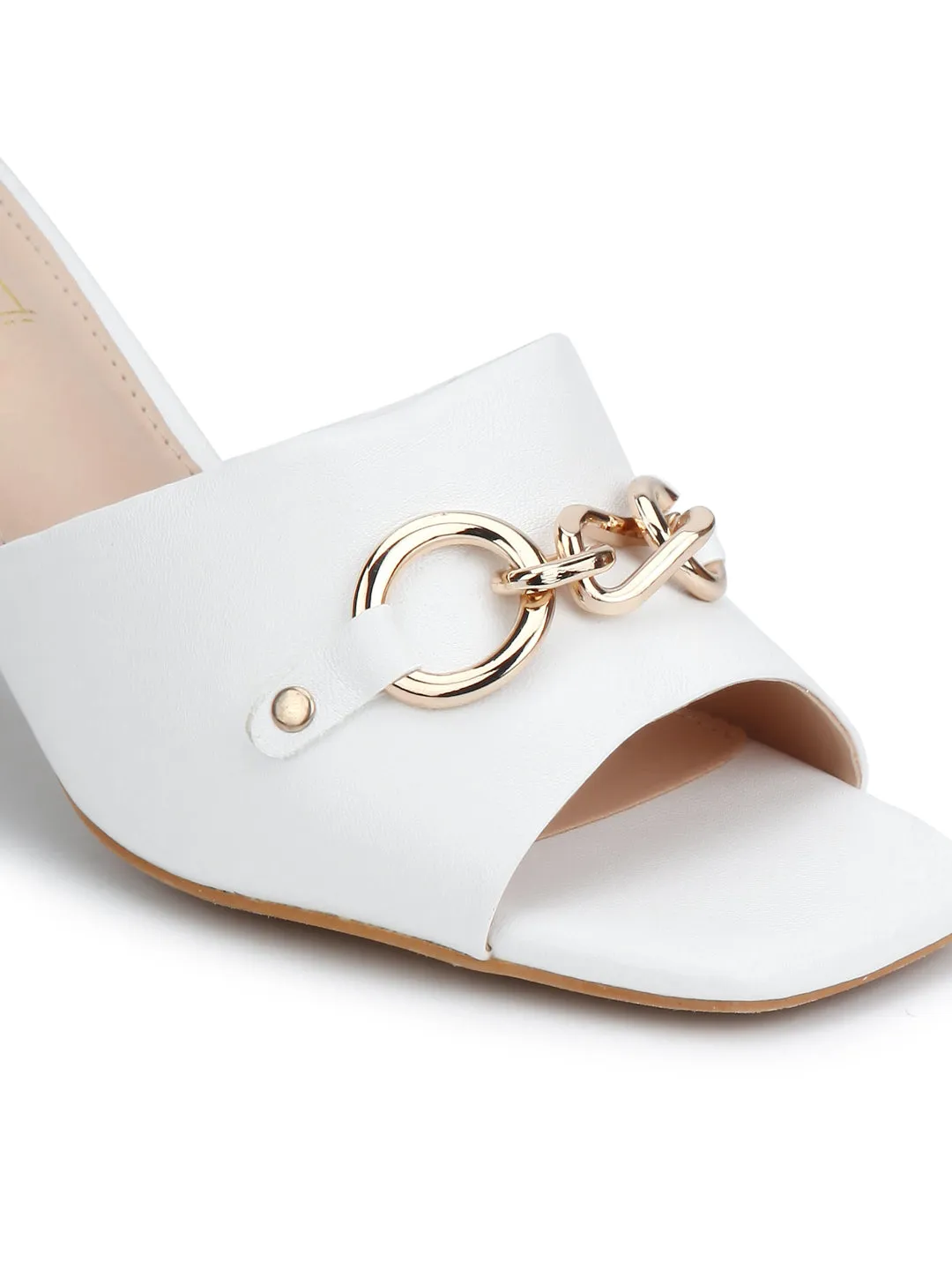 White PU Buckled Slip-on Slim Block Heels