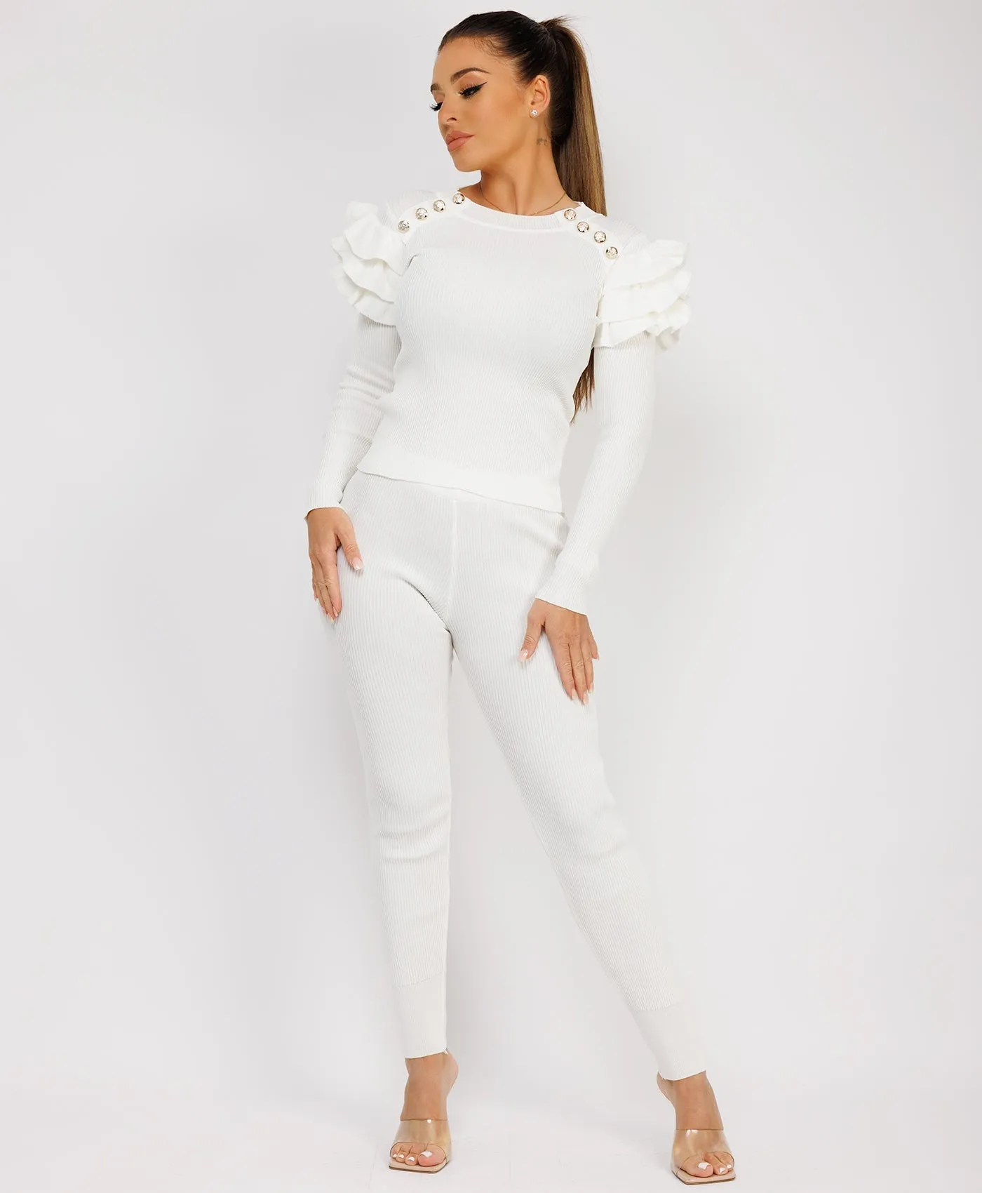 White Ribbed Knitted Ruffle Button Loungewear Set