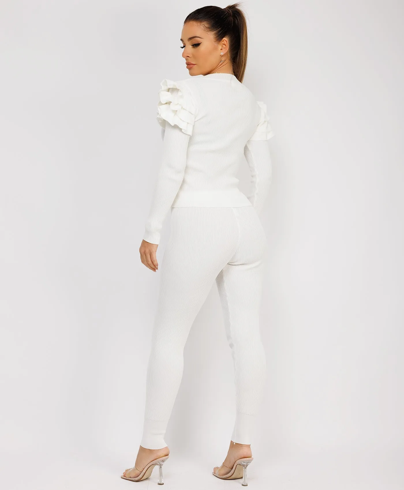 White Ribbed Knitted Ruffle Button Loungewear Set